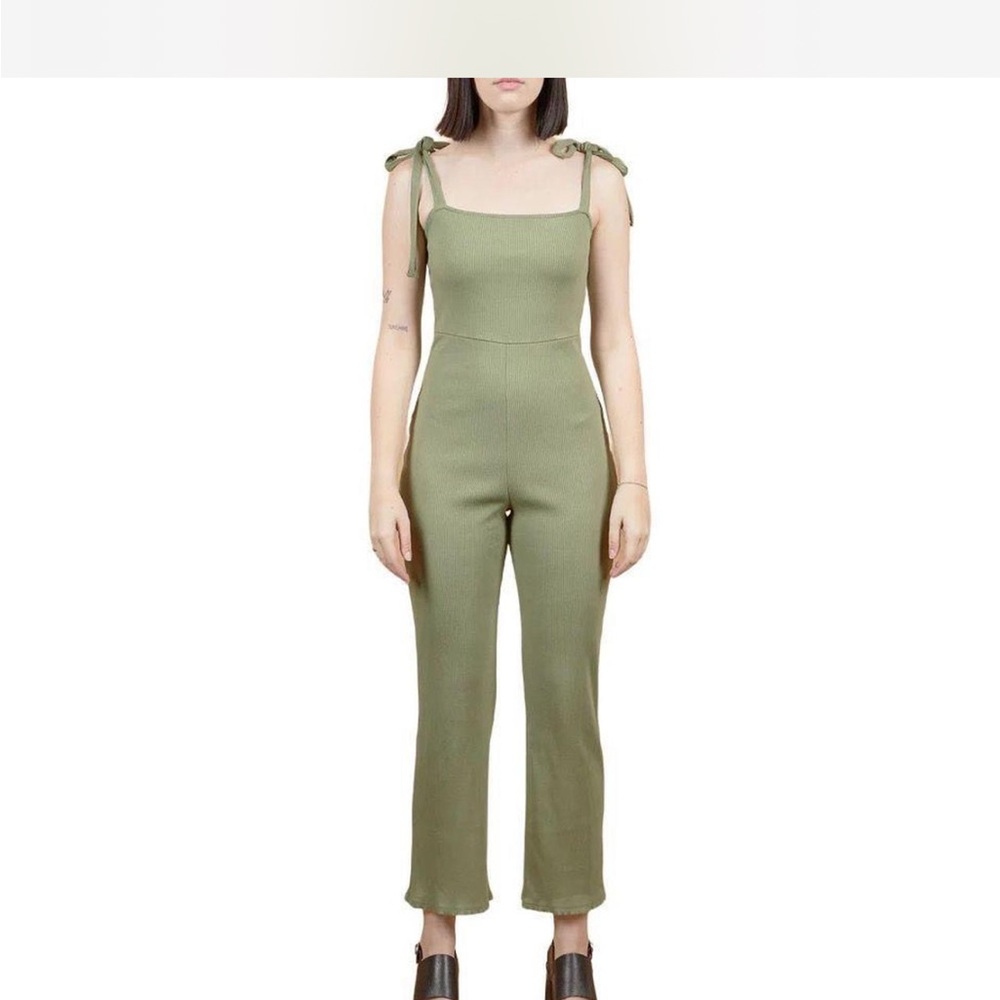 Urban Outfitters UO Erin Ribbed Tie-Shoulder Jumpsuit Olive size medium
